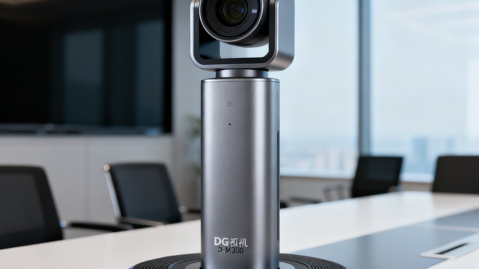DG视讯DG-M300硬件终端产品图，银灰色铝合金一体化机身，顶部搭载120度超广角4K摄像头，底部集成环形6麦阵列，放置在现代化会议室桌面