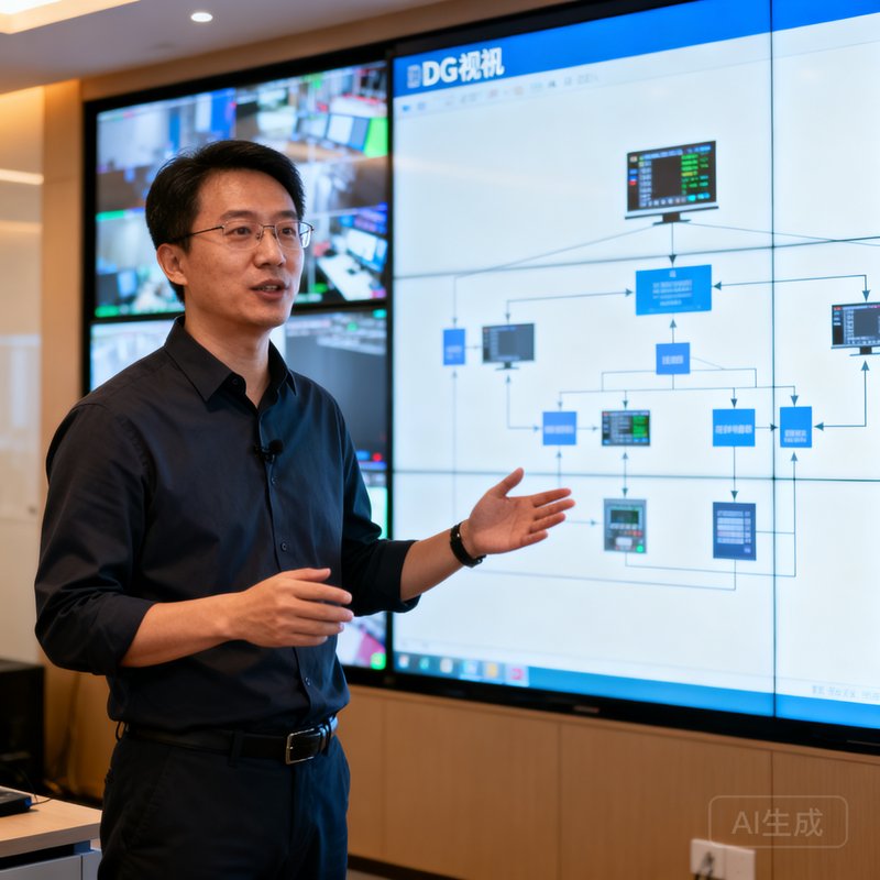 陈志远，DG视讯联合创始人兼CEO，40岁左右男性，身着深色衬衫，在技术演示厅中站立讲解产品架构，背景为多块亮屏的监控大屏